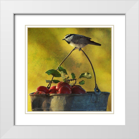 Apples and Chickadee White Modern Wood Framed Art Print with Double Matting by Vest, Chris