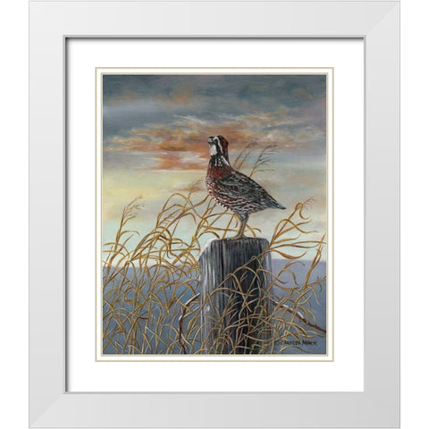 Quail on a Post White Modern Wood Framed Art Print with Double Matting by Mock, Carolyn