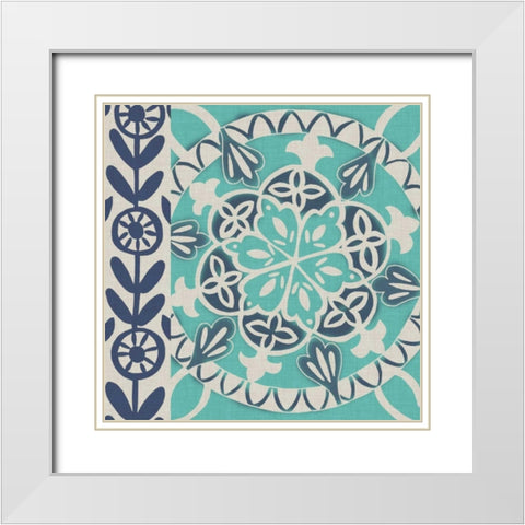 Blue Batik Tile I White Modern Wood Framed Art Print with Double Matting by Zarris, Chariklia