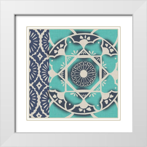 Blue Batik Tile II White Modern Wood Framed Art Print with Double Matting by Zarris, Chariklia