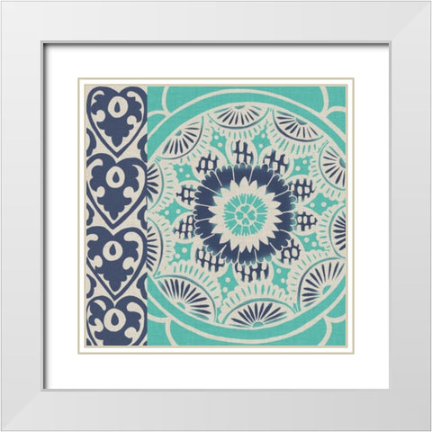 Blue Batik Tile III White Modern Wood Framed Art Print with Double Matting by Zarris, Chariklia