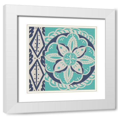 Blue Batik Tile IV White Modern Wood Framed Art Print with Double Matting by Zarris, Chariklia