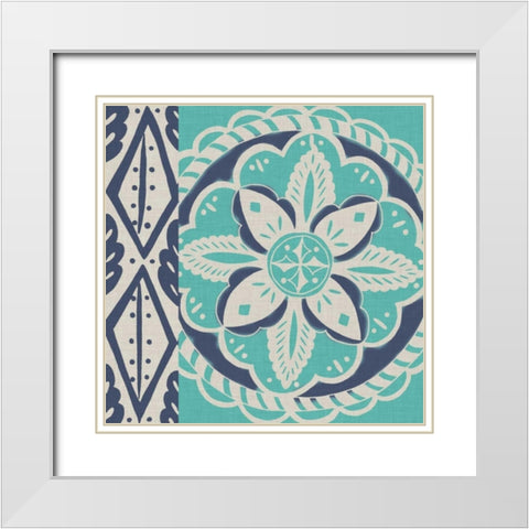 Blue Batik Tile IV White Modern Wood Framed Art Print with Double Matting by Zarris, Chariklia