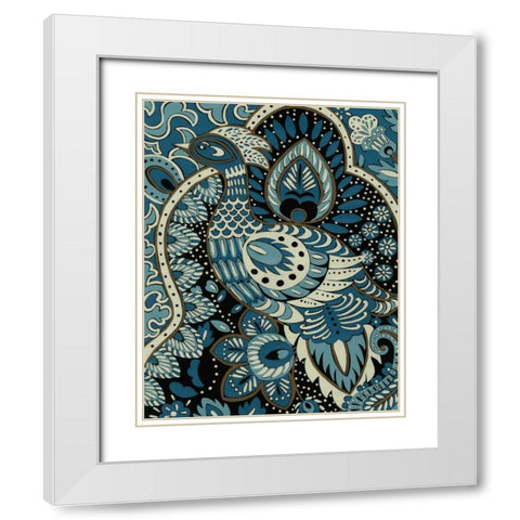 Indigo Peacock II White Modern Wood Framed Art Print with Double Matting by Zarris, Chariklia