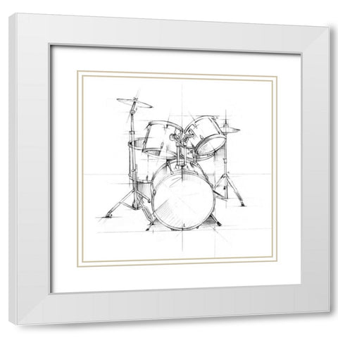 Drum Sketch White Modern Wood Framed Art Print with Double Matting by Harper, Ethan