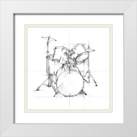 Drum Sketch White Modern Wood Framed Art Print with Double Matting by Harper, Ethan