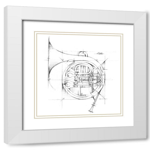 French Horn Sketch White Modern Wood Framed Art Print with Double Matting by Harper, Ethan