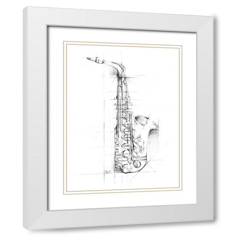 Saxophone Sketch White Modern Wood Framed Art Print with Double Matting by Harper, Ethan