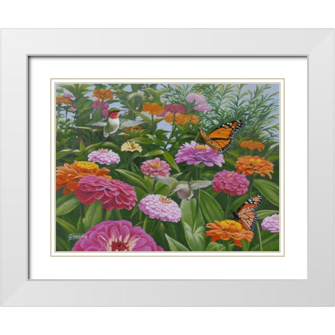 Zinnia Bouquet White Modern Wood Framed Art Print with Double Matting by Szatkowski, Fred