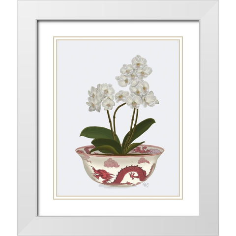 Chinoiserie Orchids White, Dragon Bowl Red White Modern Wood Framed Art Print with Double Matting by Fab Funky