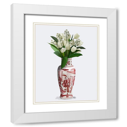 Chinoiserie Tulips White, Hyacinth White, Red Vase White Modern Wood Framed Art Print with Double Matting by Fab Funky