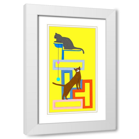 Mod Cats Collection B White Modern Wood Framed Art Print with Double Matting by Blanckslate
