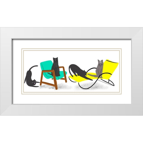 Mod Cats Collection D White Modern Wood Framed Art Print with Double Matting by Blanckslate