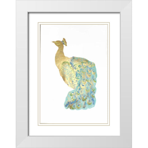 Gold Foil Peacock I with Hand Color White Modern Wood Framed Art Print with Double Matting by Popp, Grace