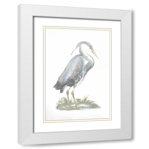 Silver Foil Heron I with Hand Color White Modern Wood Framed Art Print with Double Matting by Selby, John