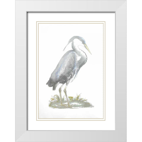 Silver Foil Heron I with Hand Color White Modern Wood Framed Art Print with Double Matting by Selby, John