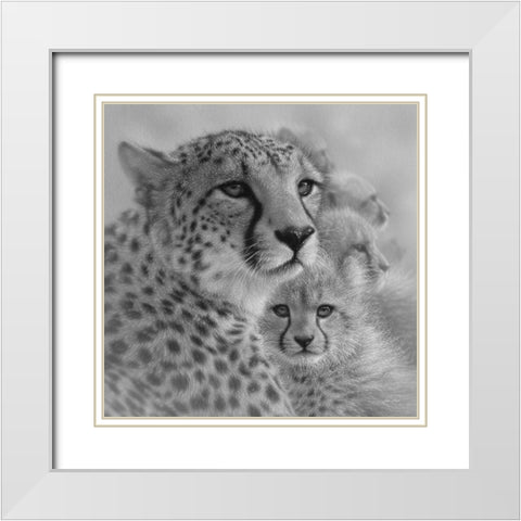 Cheetah Mother and Cubs - Mothers Love - Square - BandW White Modern Wood Framed Art Print with Double Matting by Bogle, Collin