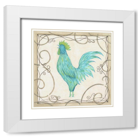 Teal Rooster II White Modern Wood Framed Art Print with Double Matting by Shamp, Cindy