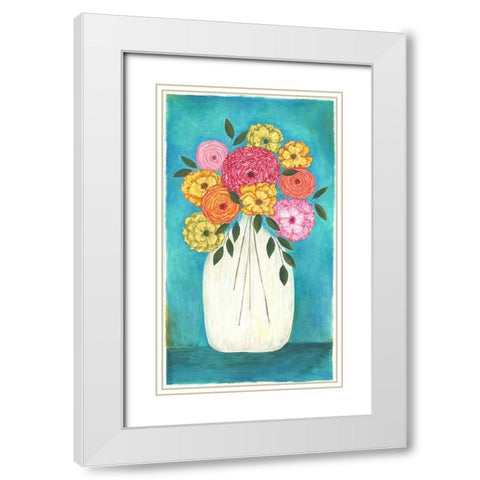 Bright Flowers - Teal Background II White Modern Wood Framed Art Print with Double Matting by Shamp, Cindy