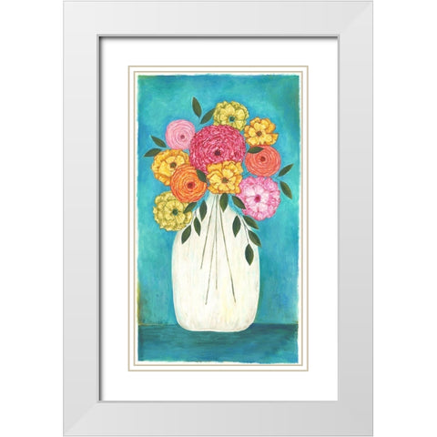 Bright Flowers - Teal Background II White Modern Wood Framed Art Print with Double Matting by Shamp, Cindy