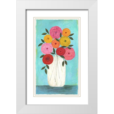 Bright Flowers - Teal Background I White Modern Wood Framed Art Print with Double Matting by Shamp, Cindy