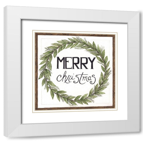 Merry Christmas Wreath White Modern Wood Framed Art Print with Double Matting by Shamp, Cindy