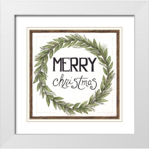 Merry Christmas Wreath White Modern Wood Framed Art Print with Double Matting by Shamp, Cindy