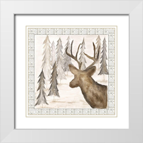 Deer w/ Border White Modern Wood Framed Art Print with Double Matting by Shamp, Cindy