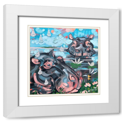 Hippo and Bee White Modern Wood Framed Art Print with Double Matting by Ihde, McKenna