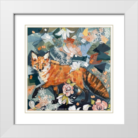 Fox with Pink Flowers White Modern Wood Framed Art Print with Double Matting by Ihde, McKenna