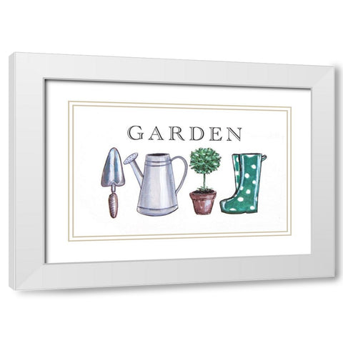 Garden Sign with Tools White Modern Wood Framed Art Print with Double Matting by Tyndall, Elizabeth