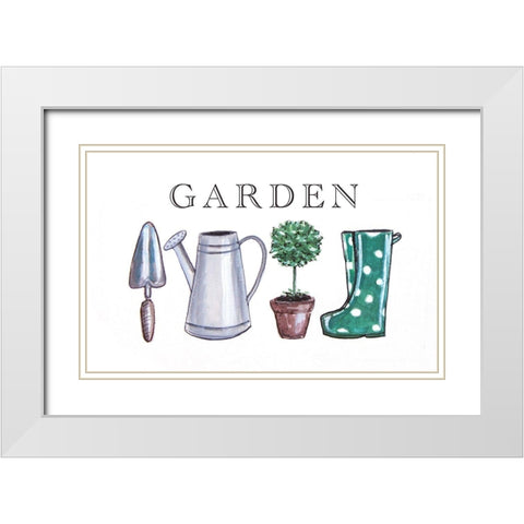 Garden Sign with Tools White Modern Wood Framed Art Print with Double Matting by Tyndall, Elizabeth