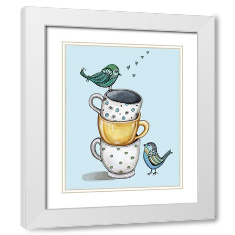 Birds and Teacups White Modern Wood Framed Art Print with Double Matting by Tyndall, Elizabeth