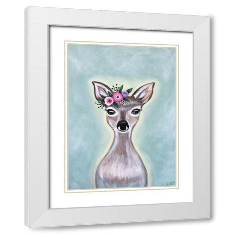 Floral Deer White Modern Wood Framed Art Print with Double Matting by Tyndall, Elizabeth