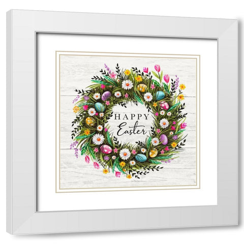 Happy Easter Wreath White Modern Wood Framed Art Print with Double Matting by Tyndall, Elizabeth