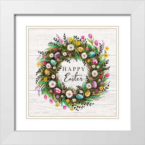 Happy Easter Wreath White Modern Wood Framed Art Print with Double Matting by Tyndall, Elizabeth