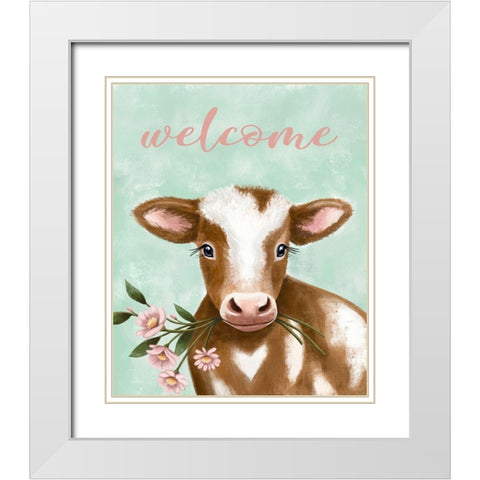 Welcome Cow White Modern Wood Framed Art Print with Double Matting by Tyndall, Elizabeth