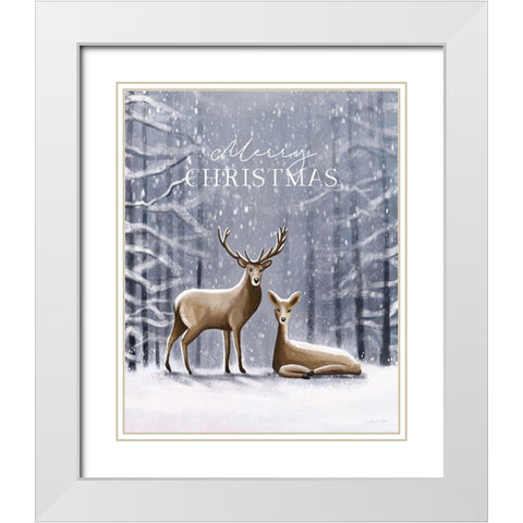 Merry Christmas Deer White Modern Wood Framed Art Print with Double Matting by Tyndall, Elizabeth