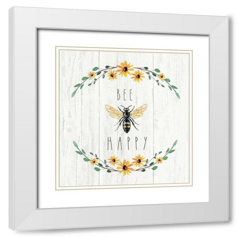 Bee Happy White Modern Wood Framed Art Print with Double Matting by Tyndall, Elizabeth