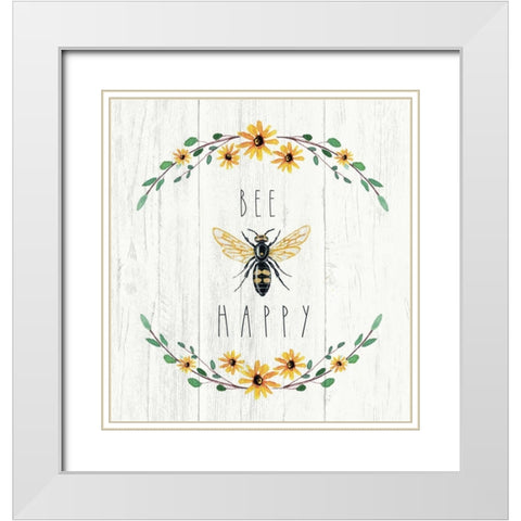 Bee Happy White Modern Wood Framed Art Print with Double Matting by Tyndall, Elizabeth