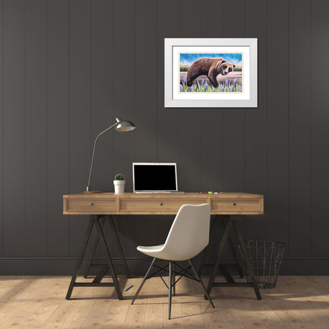 Bear on a Log II White Modern Wood Framed Art Print with Double Matting by Tyndall, Elizabeth