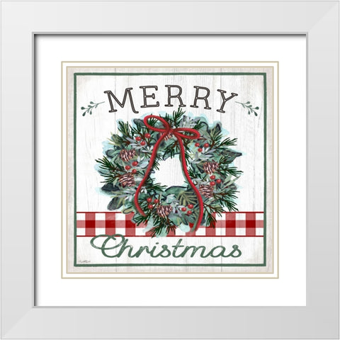 Merry Christmas Wreath White Modern Wood Framed Art Print with Double Matting by Tyndall, Elizabeth