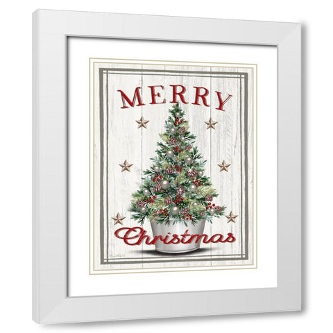 Merry Christmas Tree White Modern Wood Framed Art Print with Double Matting by Tyndall, Elizabeth