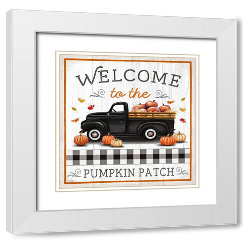 Pumpkin Patch Welcome White Modern Wood Framed Art Print with Double Matting by Tyndall, Elizabeth