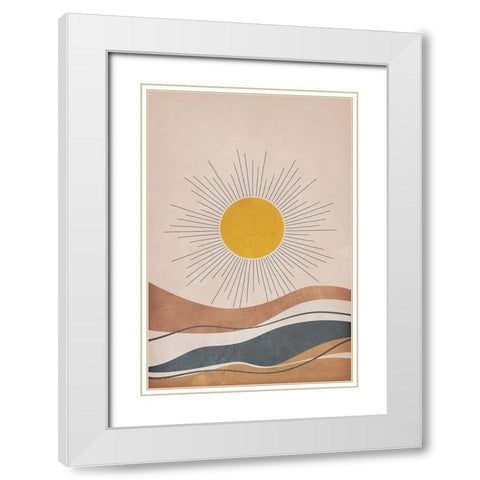 Sun and Mountains White Modern Wood Framed Art Print with Double Matting by JJ Design