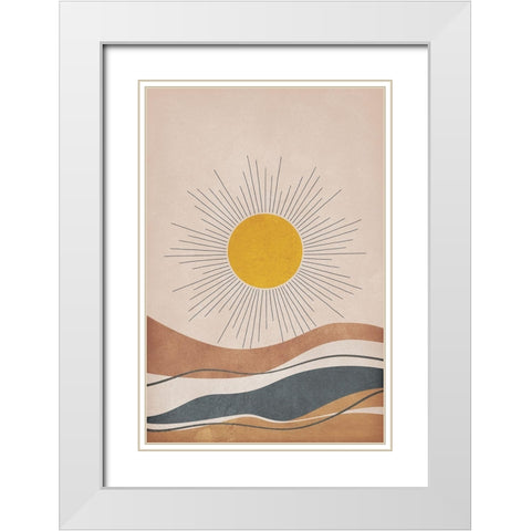 Sun and Mountains White Modern Wood Framed Art Print with Double Matting by JJ Design