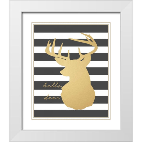 Faux Gold Hello Deer White Modern Wood Framed Art Print with Double Matting by Moulton, Jo