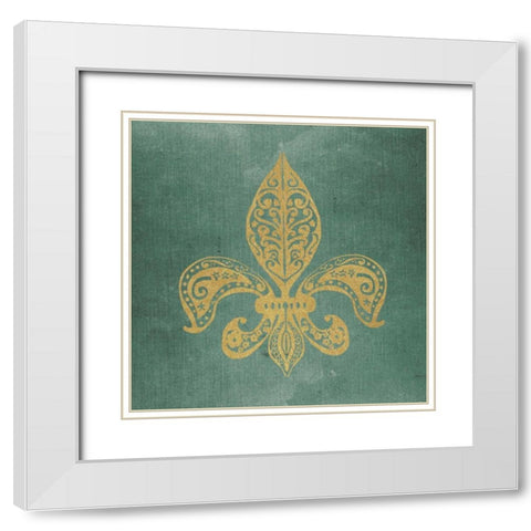 Gold Fleur de Lis Worn Canvas White Modern Wood Framed Art Print with Double Matting by Moulton, Jo