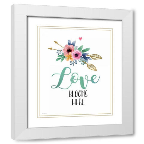 Love Blooms Here White Modern Wood Framed Art Print with Double Matting by Moulton, Jo