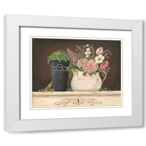 Floral with Black Bucket White Modern Wood Framed Art Print with Double Matting by Moulton, Jo